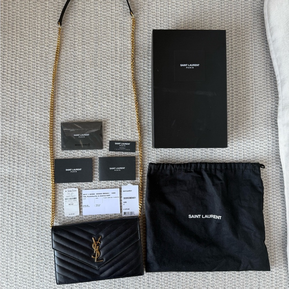 Saint Laurent Black Caviar Leather Chain Wallet w/ Gold Hardware | Full Set